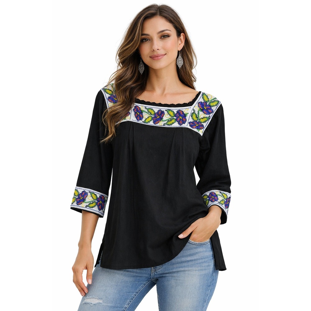 Women's Mexican Native Inspired Tunic Top Beaded Square Neck Tunic Side Slit